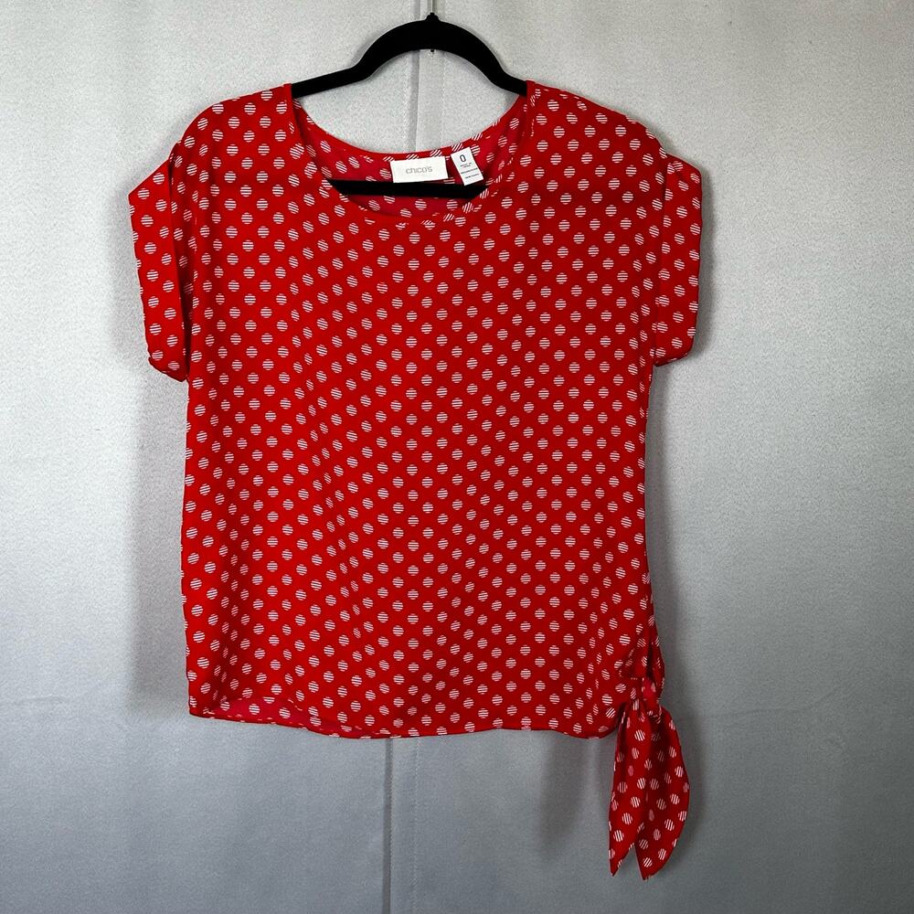 Women's Chico's Red & White Polka Dot Side Tie Cap Sleeve Blouse- Size 0- Small